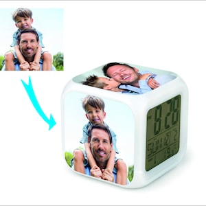 Digital Clock Alarm Led Cube with Photo, Fathers Day gifts, color changing, Personalized clock, bedroom smooth color bedside watch,