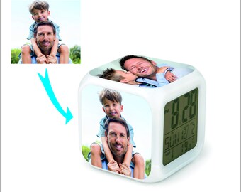 Digital Clock Alarm Led Cube with Photo, Fathers Day gifts, color changing, Personalized clock, bedroom smooth color bedside watch,