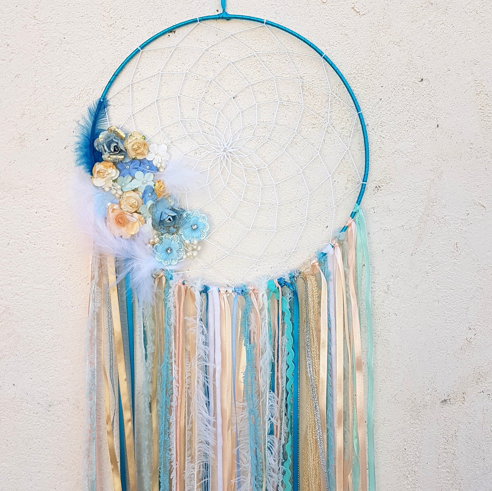 Attrape Rêves, Capteur de Dreamcatcher. Coloris Bleu Canard, Clair, Abricot, Blanc... Décoration Int