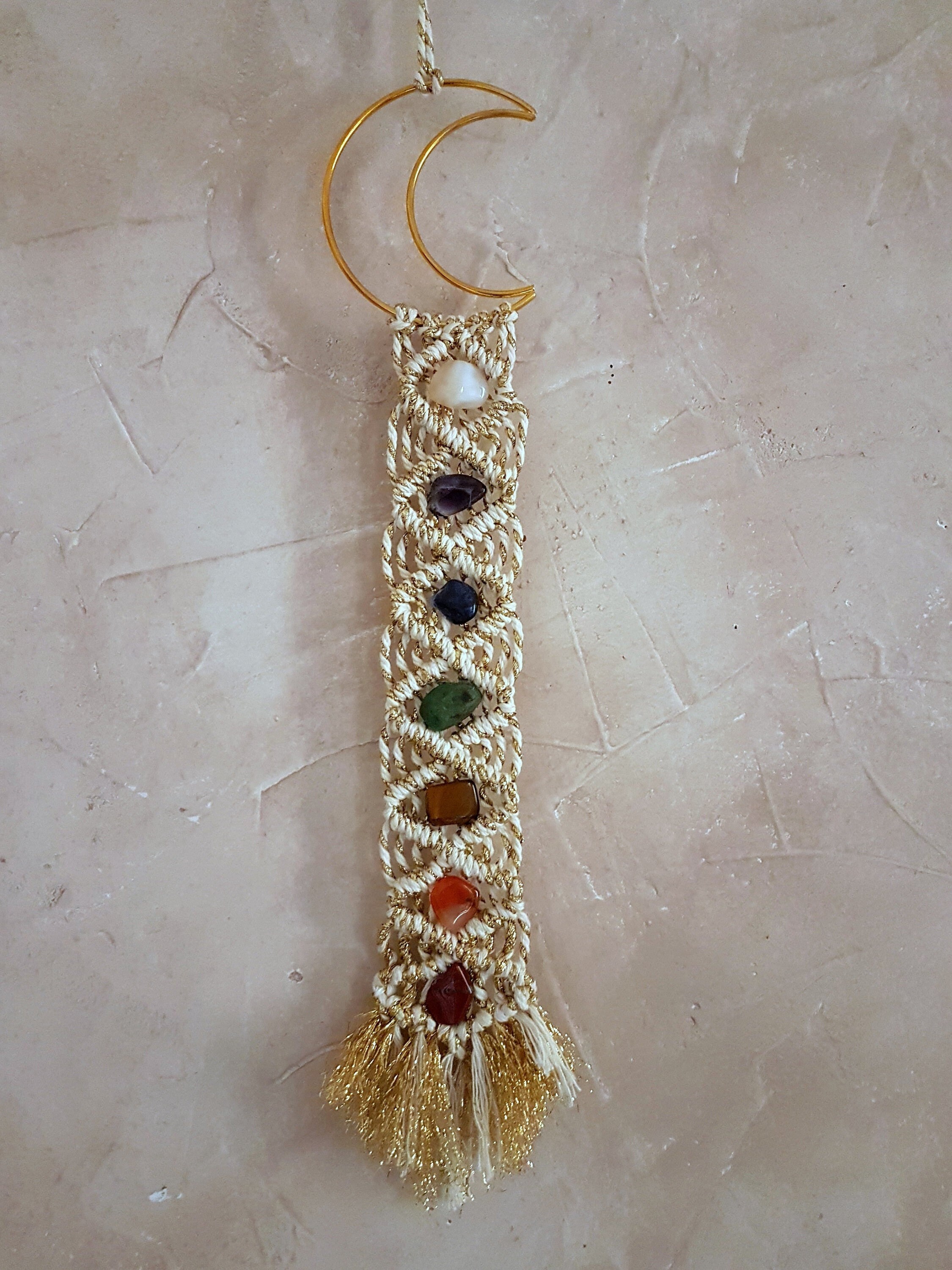 Suspension, Décoration d'intérieur Tenture Murale Lune | Moon Macramé Cristaux, Pierres 7 Chakras, S