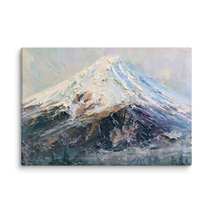 May include: A canvas print depicting a snow-covered mountain. The artwork uses a palette of white, blue, and purple to depict the mountain's icy peak. The painting style is textured, with visible brushstrokes. A dark green forest is at the base of the mountain.