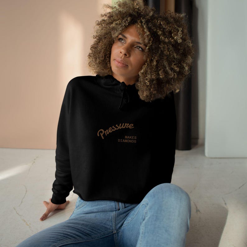 Pressure Makes Diamonds Crop Hoodie | Retro Script Logo, Black Cropped Sweatshirt image 3