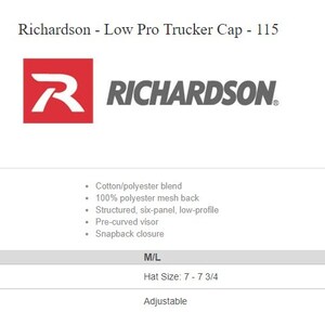 May include: A red and black trucker cap with the Richardson logo. The cap is adjustable and has a pre-curved visor. The hat size is 7-7 3/4.