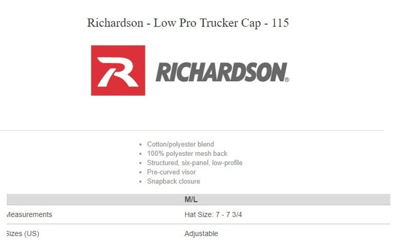 May include: A red and black trucker cap with the Richardson logo. The cap is adjustable and has a pre-curved visor. The hat size is 7-7 3/4.