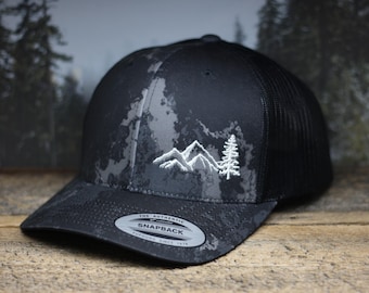 Mountains & Trees Trucker Hat. Outdoors Baseball Cap. Adjustable Snapback