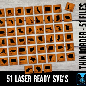 May include: A set of 51 laser-ready SVG files featuring outlines of all 50 US states and the District of Columbia. Each state is represented by its individual shape, with a thin border and a brown background.