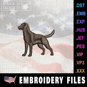 May include: Embroidery file design of a brown Labrador Retriever standing on a red, white, and blue American flag background. The design is available in multiple file formats, including DST, EMB, EXP, HUS, JEF, PES, VIP, VP3, and XXX. The text "EMBROIDERY FILES" is displayed below the dog.