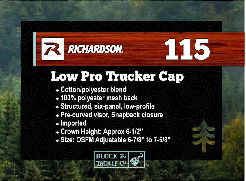 May include: A black and white image of a low profile trucker cap with a brown and white woodgrain background. The cap is made of a cotton/polyester blend with a 100% polyester mesh back. It has a structured, six-panel design, a pre-curved visor, and a snapback closure. The cap is adjustable and fits sizes 6-7/8" to 7-5/8".