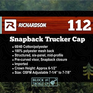 May include: A black graphic with the Richardson logo and the number 112. The text reads "Snapback Trucker Cap" with details about the hat's materials, construction, and size, including a crown height of approximately 6.5 inches and an adjustable size of 7.25 to 7.875 inches.