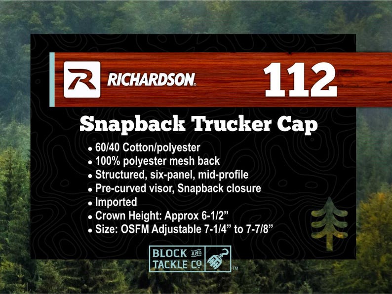 May include: A black graphic with the Richardson logo and the number 112. The text reads "Snapback Trucker Cap" with details about the hat's materials, construction, and size, including a crown height of approximately 6.5 inches and an adjustable size of 7.25 to 7.875 inches.