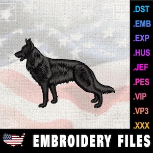 May include: Black German Shepherd dog embroidery design file. Available in DST, EMB, EXP, HUS, JEF, PES, VIP, VP3, and XXX formats. Embroidery files for machine embroidery.