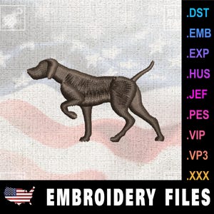 May include: Embroidery file design of a brown German Shorthaired Pointer dog standing on a red, white, and blue American flag background. The file is available in multiple formats, including DST, EMB, EXP, HUS, JEF, PES, VIP, VP3, and XXX.