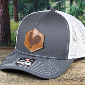 Richardson 112 Rooster Mesh Back Structured Hat - Charcoal and White Unique Chicken Farmer Cap