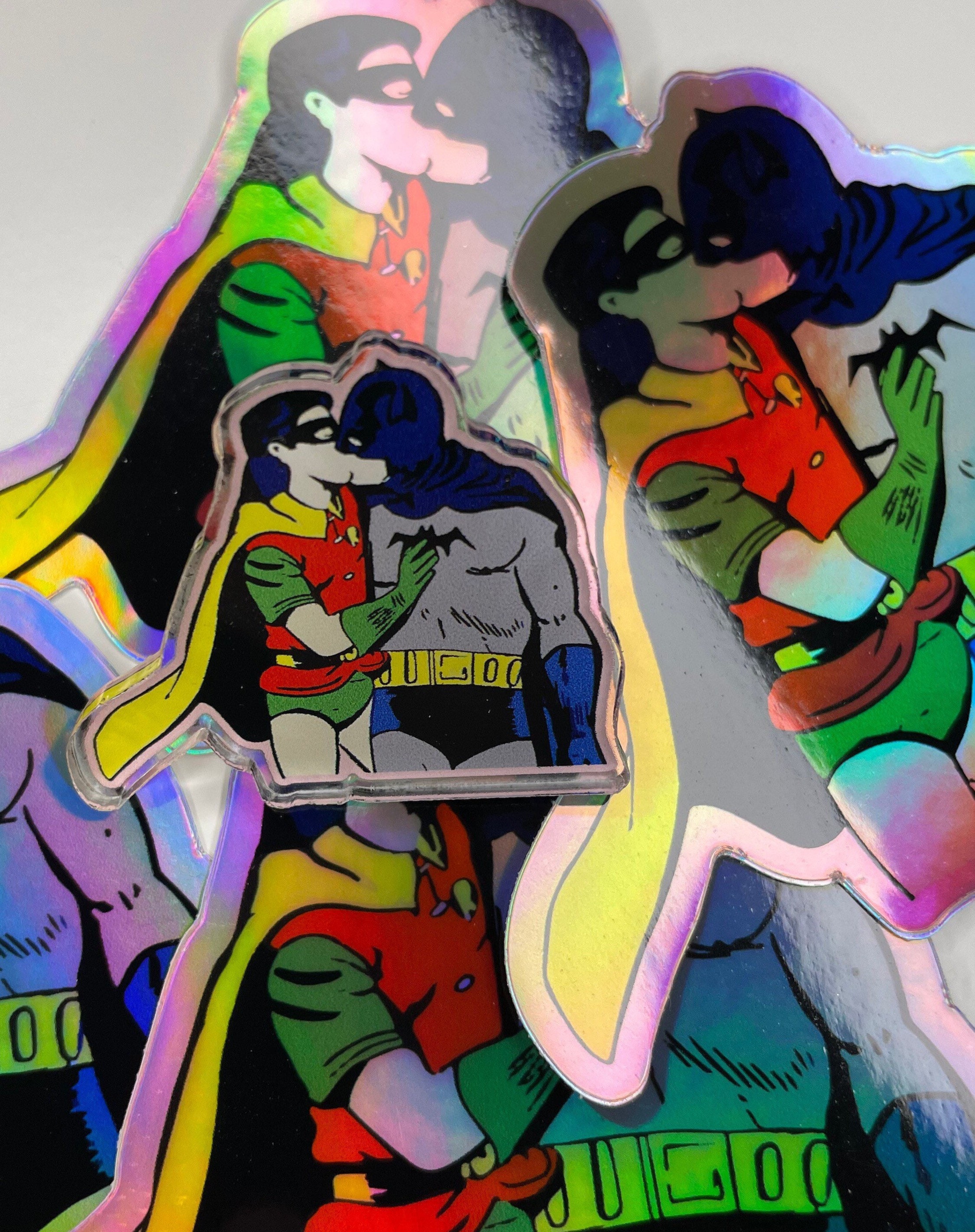 Batman and Robin Kissing Acrylic Pin & Holographic Sticker - Etsy UK