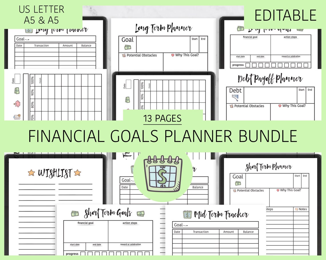 EDITABLE Financial Goal Templates Plan & Record Your | Etsy