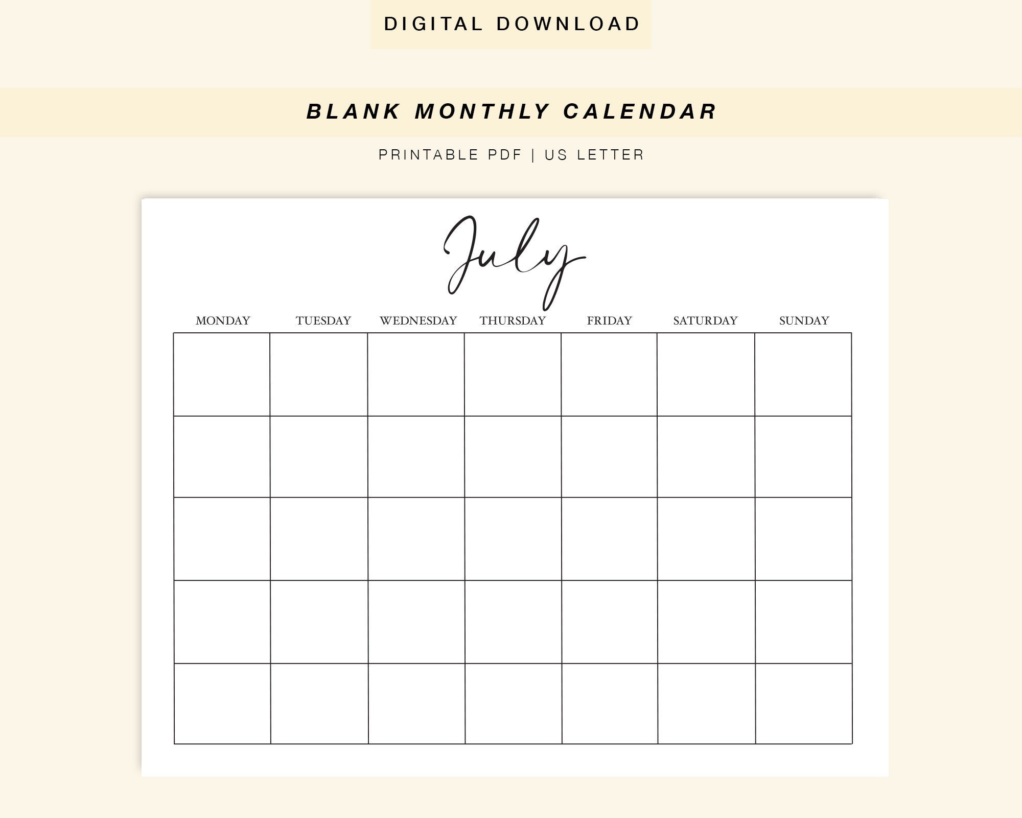 blank july calendar simple monthly calendar pages etsy