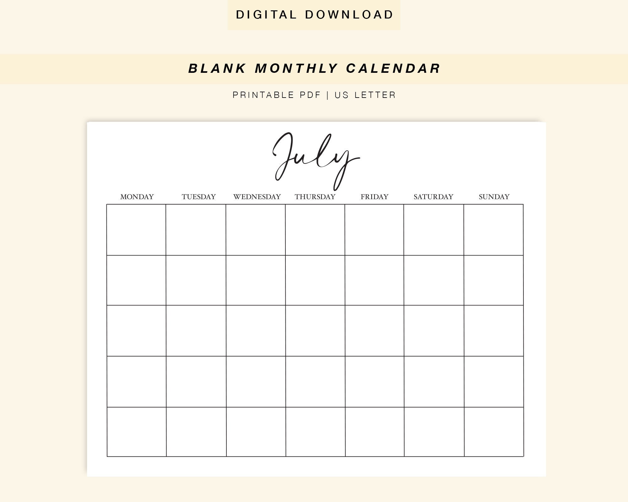 blank july calendar simple monthly calendar pages etsy