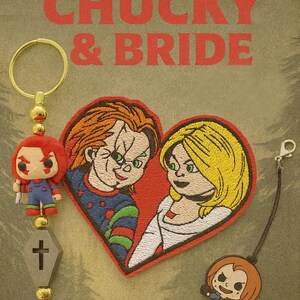 May include: A gold keychain with a Chucky doll charm, a heart-shaped patch featuring Chucky and his bride, and a small Chucky charm. The text "CHUCKY & BRIDE" is at the top. The heart-shaped patch is red with embroidered images.