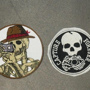 Skeleton Photographer Patch Set – 2 Embroidered Patches, Skull Camera Design
