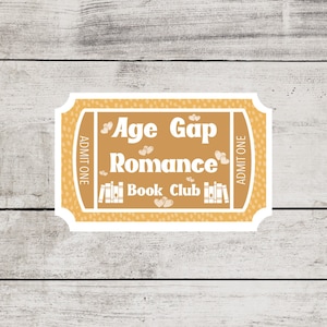 May include: A yellow and white ticket with the text "Age Gap Romance Book Club" and a design of books and hearts.