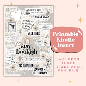 Könnte beinhalten: Ein druckbarer Kindle-Einsatz mit Aufklebern zum Thema Bücher, darunter Sätze wie „Stay Bookish“, „Romance & Murder“ und „Reading My Anxiety Away“. Der Einsatz enthält drei Größen und eine PNG-Datei.