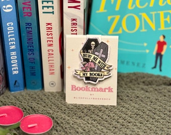 Bury Me With My Books マグネットブックマーク、手作りブックマークギフト、読書好きギフト、書籍グッズ、読書好きギフト、骸骨棺読書