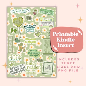 Puede incluir: Pegatinas imprimibles para Kindle insert con un patrón de margarita verde y blanco. Las pegatinas incluyen texto como "so many books, so little time", "this kindle contains explicit content", "main character energy", "binge reader" y "she's a 10 but she only talks about books".