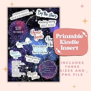 Pode incluir: Inserção para Kindle imprimível com um design temático espacial que apresenta citações do livro "House of Earth and Blood" de Sarah J. Maas. As citações incluem "Oh blasted baguettes, take me to the mulberry bush", "You didn't break me, you forged me", "By the stars", "Mentally dating Darius Acrux", "House Ignis", "There is only her", "There is only him", "Mentally dating Lance Orion", "House Aqua", "House Terra", "Blue means you", "Because we don't get to choose our obsessions and you're mine".