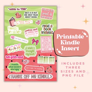 Pode incluir: Um inserto Kindle imprimível com um design com tema de melancia e vários adesivos relacionados a livros. Os adesivos incluem frases como "Hands off my Kindle", "Binge reader" e "Read a book instead". Inclui três tamanhos e um arquivo PNG.