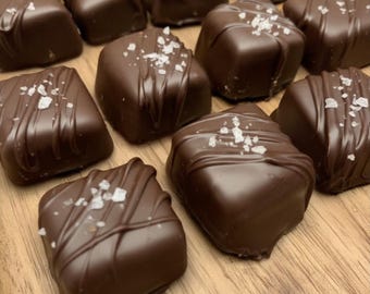 Dark Chocolate Sea Salt Bourbon Caramel squares