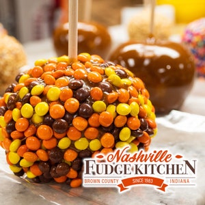 Gourmet Caramel Apples with Reese's Pieces with made from scratch caramel from locally grown jumbo tart Indiana apples.