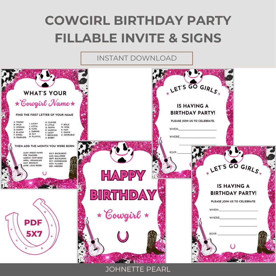 Cowgirl Birthday Party Fillable Invite & Signs 5x7 - Etsy