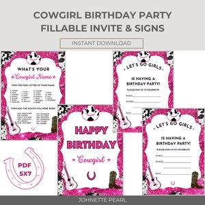Cowgirl Birthday Party Fillable Invite & Signs 5x7