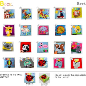 Puede incluir: Una colecci&oacute;n de 28 cubiertas de libros para beb&eacute;s de fieltro con varios dise&ntilde;os de animales y veh&iacute;culos. Cada cubierta tiene un nombre diferente, como "Ela", "Furkan" y "Deniz". Las cubiertas est&aacute;n disponibles en una variedad de colores, incluyendo azul, verde, amarillo y rojo. El texto "Nombres en libros para beb&eacute;s: como un nombre escrito en el borde del libro!" est&aacute; en la parte inferior de la imagen.
