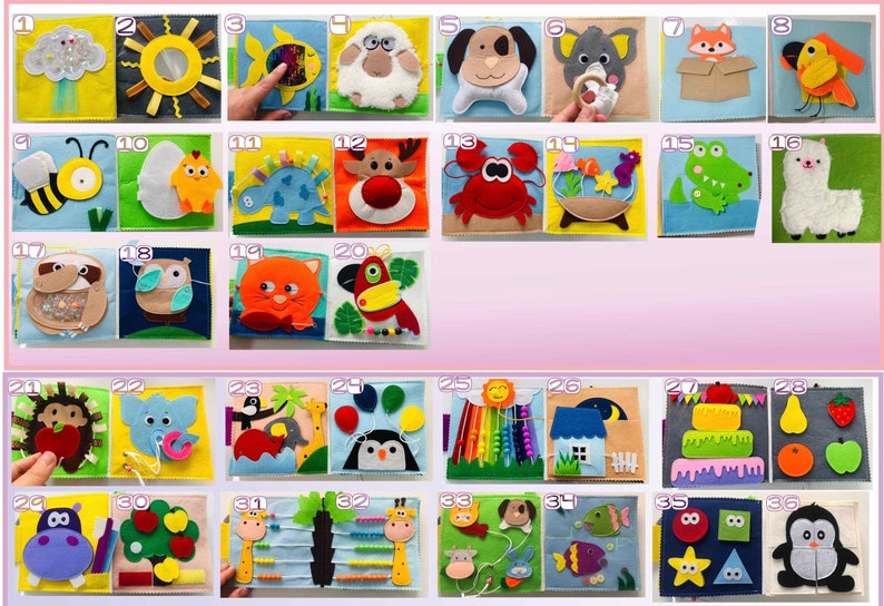 Puede incluir: Un libro de fieltro para ni&ntilde;os peque&ntilde;os con varias p&aacute;ginas que presentan diferentes animales, formas y texturas. Las p&aacute;ginas est&aacute;n numeradas del 1 al 36.