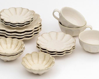 Handmade Japanese KANEKO KOHYO White Rinka Bowl Plate Holiday Gift/ Dinnerware Set / Made in Japan