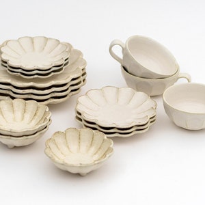 Handmade Japanese KANEKO KOHYO White Rinka Bowl Plate Holiday Gift/ Dinnerware Set / Made in Japan