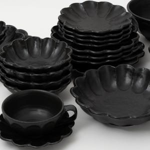 Handmade Japanese KANEKO KOHYO Black Rinka Bowl Plate Holiday Gift/ Dinnerware Set / Made in Japan