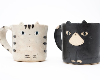 Handmade Cat Mug Mino Ware - Black & Beige Birthday Gift for Cat lover