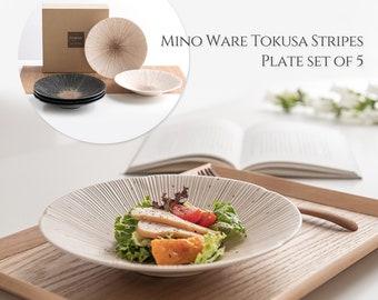 MinoWare Sedan Tokusa Plate Set of 5 | Modern Elegant Sparkling Ivory & Ebony Black Handmade Ceramic Pasta Plate/Dinner Plate Set