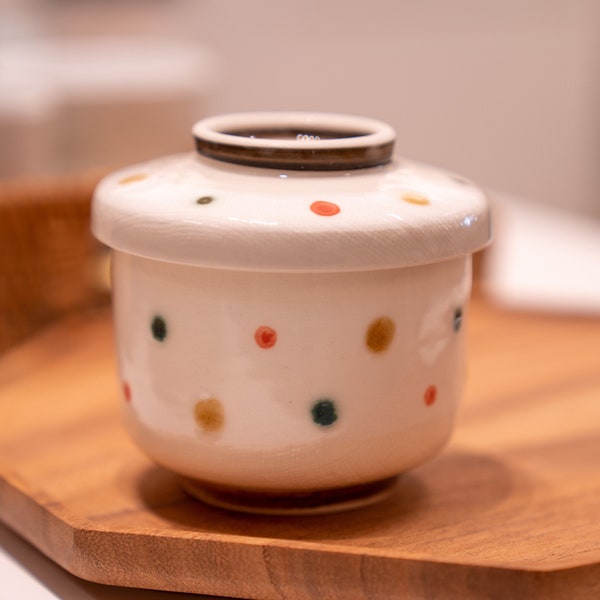 Handmade Seto-Yaki Colorful Polka Dot Ceramic Cup with Lid Chawanmushi Bowl