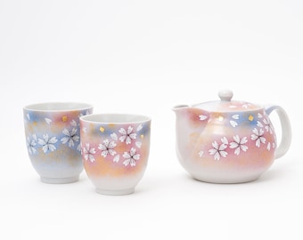 Handmade Sakura Cherry Blossom Flower Kutani Japanese Teapot Gift Set
