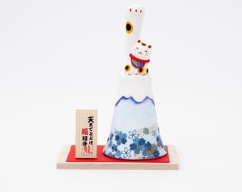 Handmade Japanese Mt. Fuji Lucky Cat | Blue Lucky Cat/ Cat Lover Gift / Holiday Gift / Cat Birthday Gift