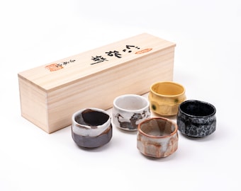 Mino Ware Set of 5 Handmade Sake Cup Gift Set, Teacups, Sake Cups, Unique Handmade Japanese Minoware Ceramic Tea Cups in Wood Giftbox