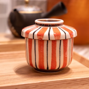 Handmade Seto-Yaki Blue Wide Striped Ceramic Cup with Lid Chawanmushi Bowl