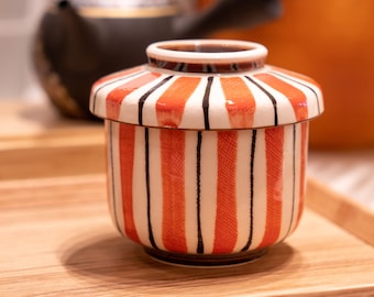 Handmade Seto-Yaki Blue Wide Striped Ceramic Cup with Lid Chawanmushi Bowl