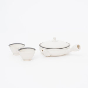 Minimalist White Artisan Handmade Japanese Teapot Set with Two Cups Japanese Kyusu by Junzo Maekawa