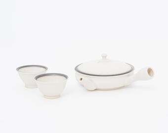 Minimalist White Artisan Handmade Japanese Teapot Set with Two Cups Japanese Kyusu by Junzo Maekawa