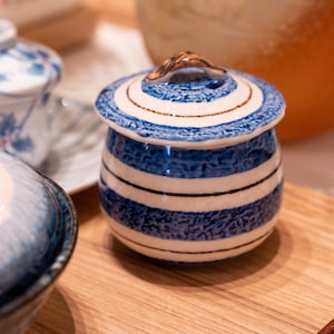 Handmade Seto-Yaki Blue Wide Striped Cup with Lid Chawanmushi Bowl 260cc