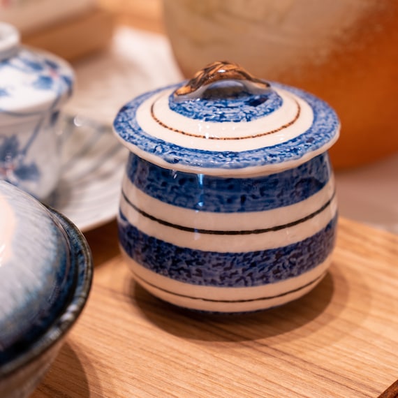 Handmade Seto-Yaki Blue Wide Striped Cup with Lid Chawanmushi Bowl 260cc